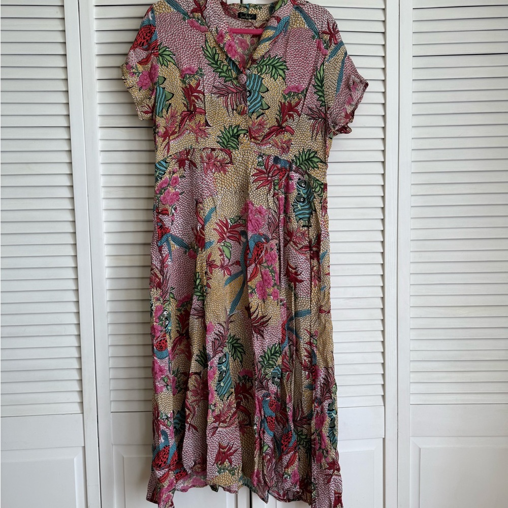 Loco Lindo 1940s Style Vintage Day Midi Dress, Florals, Tropical Fish & Birds